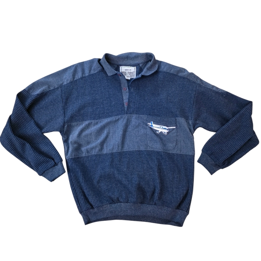 Vintage Huk-A-Poo Ribbed Knit Collared Airplane Sweater- L